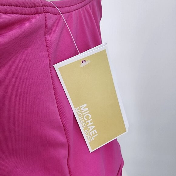 Michael Kors Size L Cerise Pink One Shoulder Tankini Swim Top Gold Logo New - Picture 7 of 9